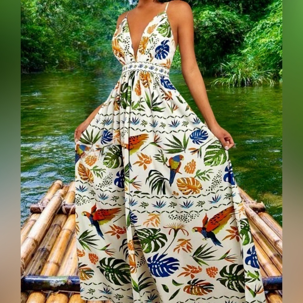 Boho Tropical Print Halter Deep V-Neckline Backless Cami Full Skirt Maxi Dress
